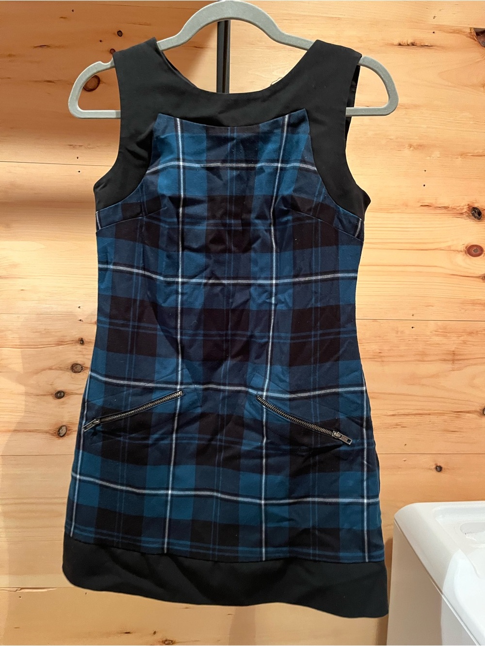 Candie's Blue and Black Plaid Sleeveless Shift Dress with Zip Pockets